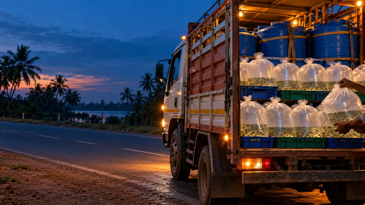 A truck loaded with oxygen-packed fish seed bags at dusk